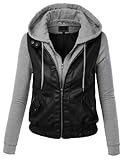 MBJ Womens Faux Leather Zip Up Moto Jacket with Hoodie