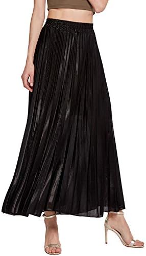 KENANCY Women's Metallic Shiny Accordion Pleated Long Maxi Party Skirt