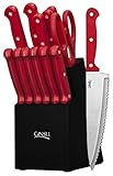 Ginsu Essential Series 14-Piece Stainless Steel Serrated Knife Set – Cutlery Set with Red Kitchen Knives in a Black Block, 03887DS (Kitchen)