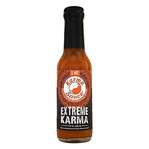 Extreme Karma | Featured on Hot Ones! | Extra Hot With A Savory-Sweet Tang | Bhut Jolokia, Trinidad, Moruga Scorp | No Preservatives, No Extracts, Vegan | Made In Finger Lakes, USA | 5 fl. oz bottle ...