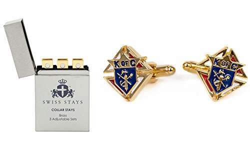 Knights of Columbus Goldtone Cufflinks with 3 Pairs Adjustable Brass Collar Stays
