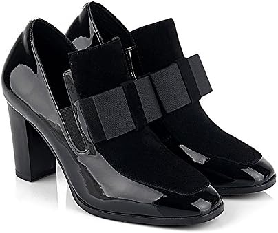 Women Knots Square Toe Patent Leather Thick Heel Platform Pumps Heels with Bow Black Boots