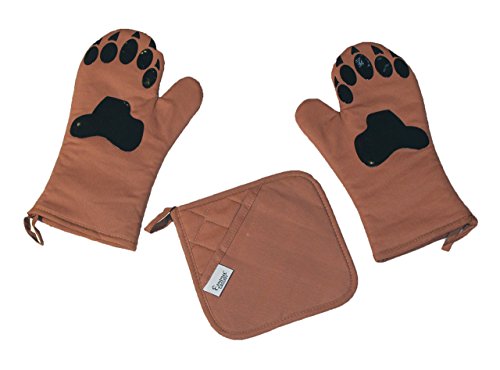 Oven Mitts by Emma Cassidy - Set of 2 with Pot Holder - Silicone Pads printed on Brown Cotton Fabric - Funny Set - Easy Grip, Non-Slip - Paws of a Bear, Dog, Cat - Gives You a Smile as You Cook