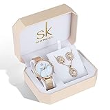 Women Watch Sets Quartz Wrist Watches with Rose Gold Earring and Necklace 3 Sets for Christmas Gifts