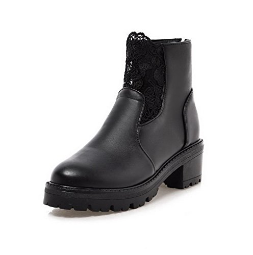 AllhqFashion Women's PU Low-top Solid Zipper Kitten-Heels Boots