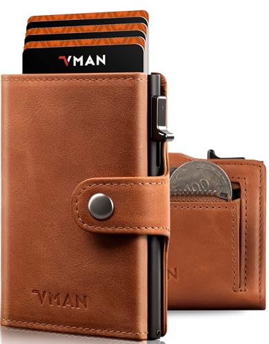 VMAN Men's Slim Wallet with Coin Compartment, RFID Protection, Premium Leather Wallet for 8-11 Cards, Small Card Holder for Everyday & Travel - Brown