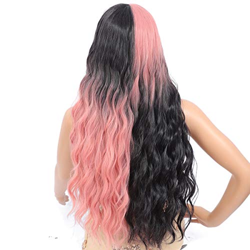Amchoice Ombre Black and Pink Cosplay Wig for Women Long Curly Wavy Hair Wig Heat Resistant Synthetic Middle Part Wig for Daily Party Halloween 26 Inch