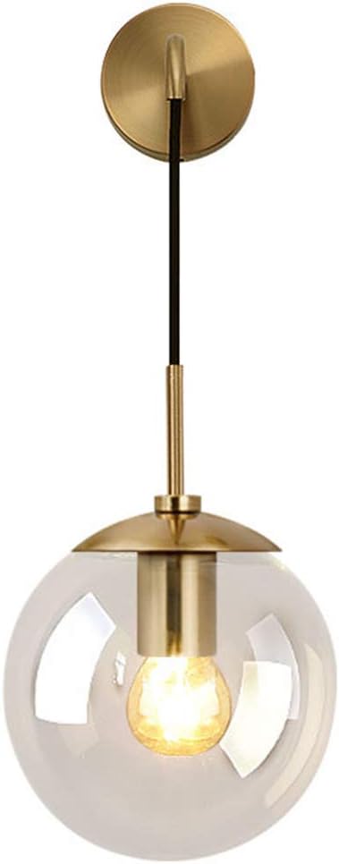 H XD GLOBAL Industrial Vintage Loft Bar Globe Drop Wall Lighting Fixture Bedroom Corridor Sconce Light Retro Amber Glass Sphere Wall Lamp1 (15cm, Gold Metal, Clear)