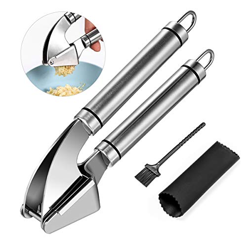 Quellance Garlic Press, Stainless Steel Garlic Crusher with Silicone Peeler Set, Garlic Smasher Easy Squeeze and Clean, Dishwasher Safe and Rusting-Proof