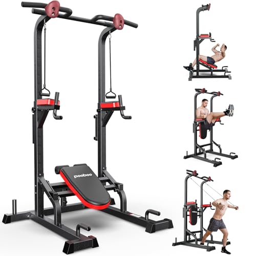 Pooboo Power Tower Dip Station Klimmzugstange für Fitness-Heimtraining, multifunktionales, höhenverstellbares Krafttrainingsgerät mit elastischen Seilen(Schwarz