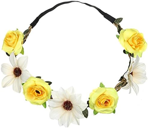 Floral Holiday Crown Festival Headbands Wreath Crown Hippie Flower Headpiece Wedding Festivals Photo Props (Yellow)