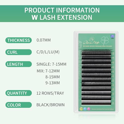 GLAMLASH Eyelash Extensions 4D 0.07mm D Curl 7mm Hair to Hair Premade W Shape Professional Eyelash Extensions (4D,0.07D,7mm)