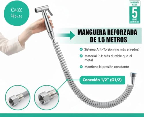 CHILL HOUSE Bidet for WC and Water Tap with Shower in Stainless Steel AISI 304 – Hygienic Shower with Extendable Hose 1.5 m – Intimate Hygiene and Pets Kit – (Replacement: Sprayer and Hose)