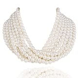 Kalse 7 Layers Strands Simulated Pearl White Beads Short Choker Necklace (Updated clasp style)