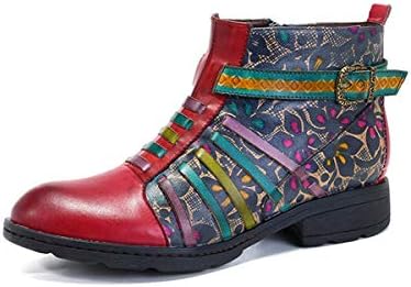 Womens Boots Leather Ankle Boots Low Block Heel Winter Warm Vintage Bohemian Handmade Flower Splicing Leather Flat Round Toe,A,40EU
