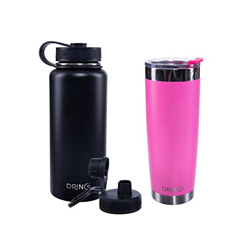 Drinco Vacuum Insulated Stainless Steel Water Bottle + Stainless Steel Insulated Tumbler, with Spout Lid, Wide Mouth, Powder Coated, Double Wall, 30oz&20oz, 2 pack (Black/Pink)