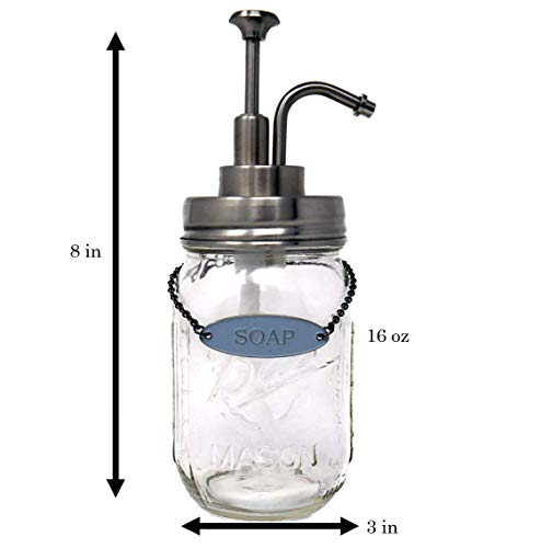 Mason Jar Soap Lotion Dispenser (Vintage Brushed Nickel) with Soap Lotion Label Tag, Stainless Steel Pump, with 16 Ounce Ball Mason Jar/Classic Decor for Bathroom, Kitchen, Farmhouse
