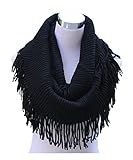 Lucky Leaf Women Fashion Thick Knitting Woolen Infinity Scarf Circle Loop Scarves with Long Fringe (Black 1)