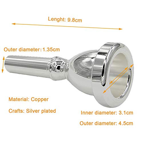 Standard Tuba Mouthpiece Bass Horn with Box and Microfiber Cleaning Cloth, Silver Plated