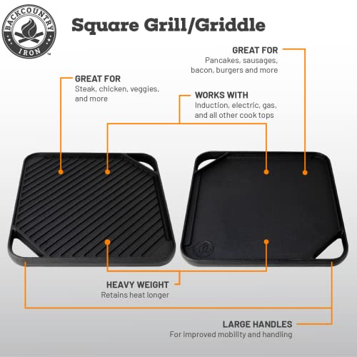 Backcountry Iron Single Burner Reversible Square Grill/Griddle, 10 Inch PreSeasoned Cast Iron