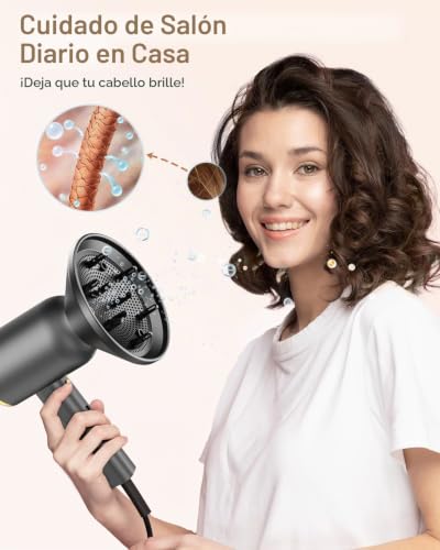 DEWILY 1800W Ionic Hair Dryer with Diffuser – Quick Drying with Hot/Cold Button, Thermostatic Diffuser, 3 Temperatures and 2 Speed, Includes Concentrator and for Curls, Black and Gold