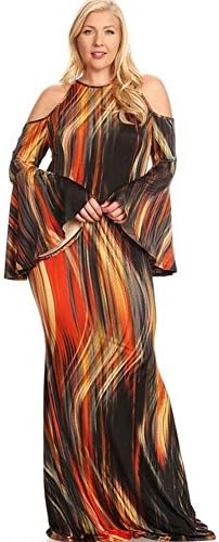 Fashion Black Orange Bell Sleeves 2165 Sexy Hourglass Mermaid Gown Maxi Dress Plus (1X)