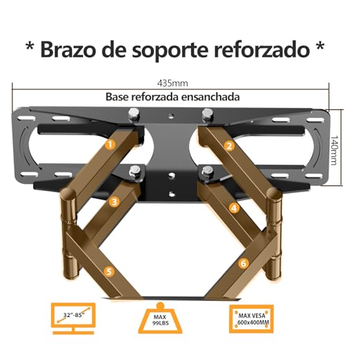 JXMTSPW Soporte para TV movible de 32-85" Pantalla de Inclinable y Giratorio,Base para Television Reforzado Movimiento Completo con articulado Doble Brazo,VESA MAX 600x400 mm Soporta hasta 60 kg