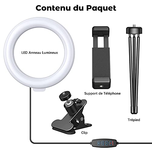 U UZOPI Ring Light avec Trépied, 6.3\'\' Anneau Lumineux avec Clip, Selfie Ring Light avec 3 Couleurs et 10 Niveaux pour Maquillage/Youtube/Tiktok/Vidéoconférence