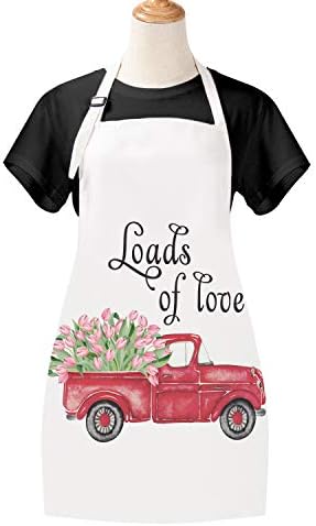 Claswcalor Loads of Love Cooking Aprons for Women, Flowers on Red Truck Kitchen Aprons, Waterproof Adjustable Baking Aprons