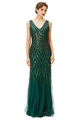 BABEYOND Women's Flapper Dress 1920s V-Neck Evening Gown Sequin Beaded Maxi Dress for Wedding Green Gold