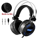 KUAK X3 Gaming Headset with Mic for Xbox One PS4 PC,Over Ear Bass Stereo Gaming Headphones with Noise Cancelling, Volume Control, Flexible Headband and 7Color LED Light, 3.5mm Plug for Computer/Laptop