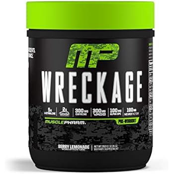 MusclePharm Wreckage Pre-Workout Powder with Superior Focus, Extreme Energy and Sustained Pump - Nitric Oxide, Beta Alanine, and Caffeine, Berry Lemonade, 25 Servings