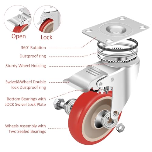 5-Inch Heavy-Duty Caster Wheels Set of 4-2400Lbs Total Capacity, Industrial Strength Polyurethane Wheels with Secure Double Locks, Smooth, Noise-Free Rolling for Carts, Workbenches & Furniture