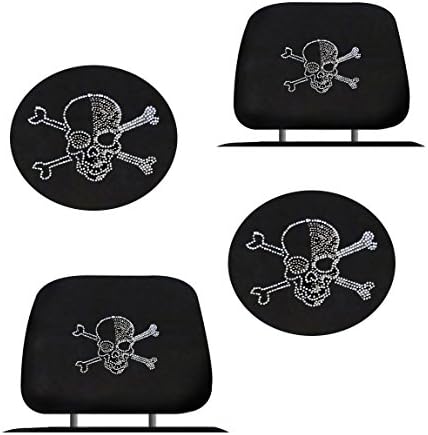 ALLBrand Crystal Studded Bling Rhinestone Car Truck Seat Headrest Covers - PAIR (Skull-Black)