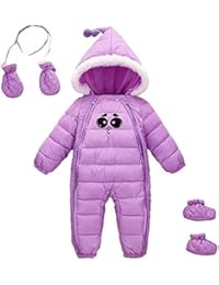 3 Pcs Baby Boys Girls One Piece Jumpsuit Winter Puffer Down Hoodie Snowsuit Romper with Golves and Shoes 12-18 Months Purple