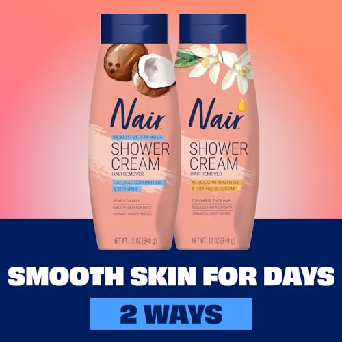 NAIR SENSITIVE SHOWER CREAM HAIR REMOVER WITH NATURAL COCONUT OIL AND VITAMIN E, BODY HAIR REMOVAL CREAM, 12 OZ