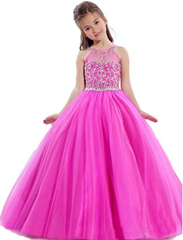 Aiduo Big Girls Floor Length Beaded Organza Pageant Dress (14, Pink)
