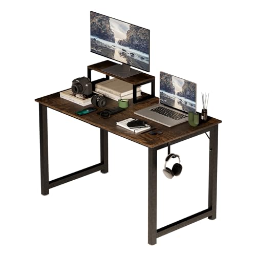 MUBSON Escritorio Minimalista Vintage con Base para Monitor. Mueble Gamer o de Oficina con Superficie de 120x60x74 de Madera MDF. Escritorio Elegante Radahn para Estudio y Trabajo (Cafe)