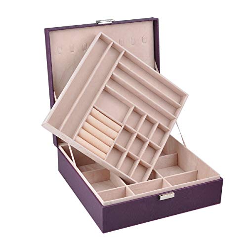Nirong Lavie Women's Jewelry Box 2 Layer Faux Leather Square-Shaped Lockable Jewelry Storage Organizer Display Case/ Box Travel Mini Jewelry Case Gifts (Purple)