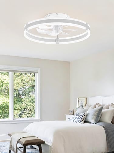 Low Profile Ceiling Fans with Lights and Remote, 19.7'' Modern Flush Mount Ceiling Fan, Dimmable LED Small Fan Light, 6 Speeds, Fandelier Fans with LED Light for Bedroom, White