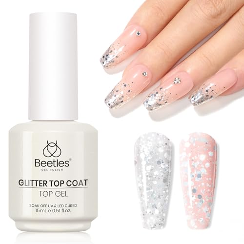 BEETLES 2 IN 1 SILVER GLITTER SEQUINS TOP COAT, 15 ML NO WIPE TOP COAT SOAK OFF UV LED GEL NAIL POLISH LONG LASTING HIGHLY SHINE MANICURE ART DECORATION SUPPLIES