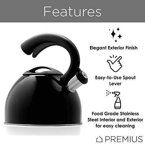 STAINLESS STEEL WHISTLING TEA KETTLE By Premius, Durable Construction And Elegant Design, Cool Touch Grip Handle And Lid, Pleasant Sounding Whistle, Stovetop Teakettle, 3.2 Quarts (Black)