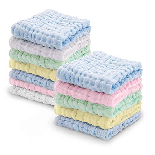 Viviland Baby Muslin Washcloths 12 Pack for Baby's Sensitive Skin, Organic Natural 6-Layer Cotton Bath Towel, Soft Newborn Baby Face Wipes, Great Shower Gift, 12 x 12 inches - Thumbnail 7