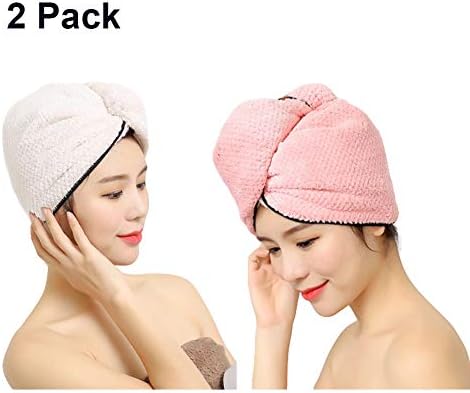 Hair Towel Hair Wrap Hair Turban Microfiber Drying Towel Bath Shower Head Towel with Buttons, Quick Magic Dryer, Dry Hair Hat, Wrapped Bath Cap Anti-Frizz Super Absorbent for Long & Curly (Pink+White)