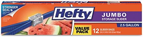 Hefty R83812CT Slider Bags 2.5gal 0.9 mil Clear 12/Box 9 Boxes/Carton