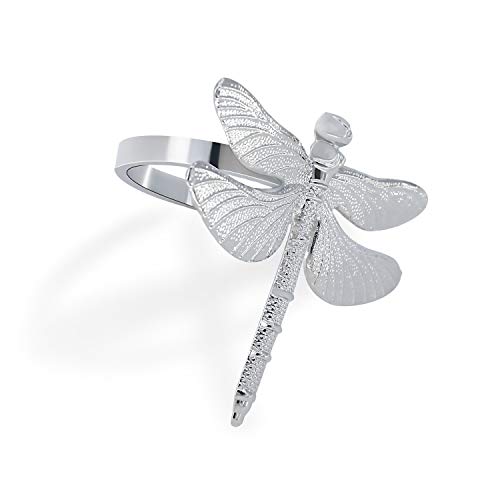 Silver Napkin Rings Set of 6 for Wedding Holiday, Metal Dragonfly Napkin Holders for Table Linens, Dining Kitchen Coffee Everyday Use Dinner Party Occasion