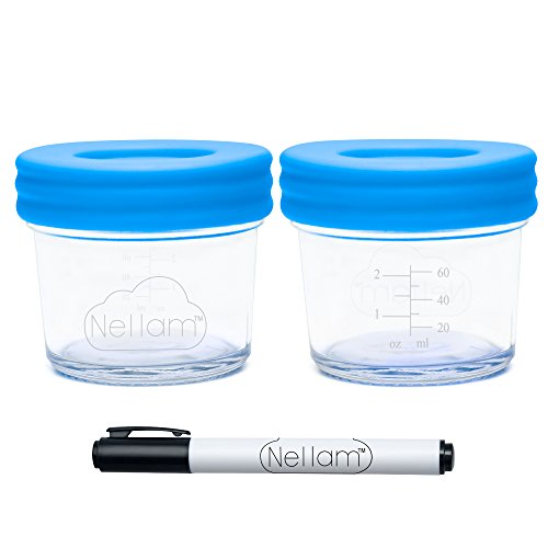 Nellam Baby Food Storage Containers - Leakproof, Airtight, Glass Jars for Freezing & Homemade Babyfood Prep - Reusable, BPA Free, 6 x 4oz Set, that is Microwave & Dishwasher Safe