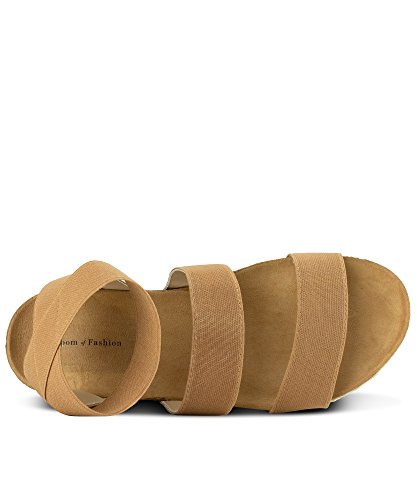 RF ROOM OF FASHION Women's Slide On Espadrille Platform Comfort Ankle Elastic Strap Footbed Wedge Sandal Shoes Camel (10)