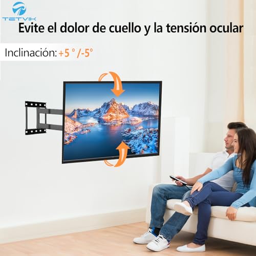 TETVIK Soporte de TV Movible para Pantallas De 32″ a 80 ″, Soporte de Pared para Monitores LCD, LED y OLED, Articulado Inclinable y Giratorio con 3 Brazos, Soporta hasta 40 Kg, VESA Máx 600x400mm.