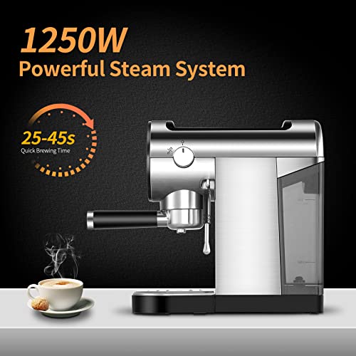 ILAVIE Espresso Coffee Machine with Steamer, 20 Bar Espresso Maker with Milk Frother Steam Wand, Espresso and Cappuccino Maker, Easy to Use at Home, Stainless steel, 1250W